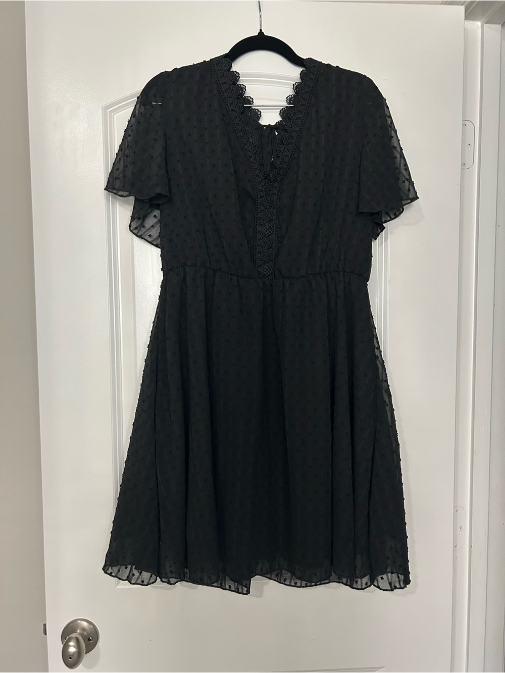 SHEIN Black V-Neck Swiss Dot Mini Dress with Lace Trim